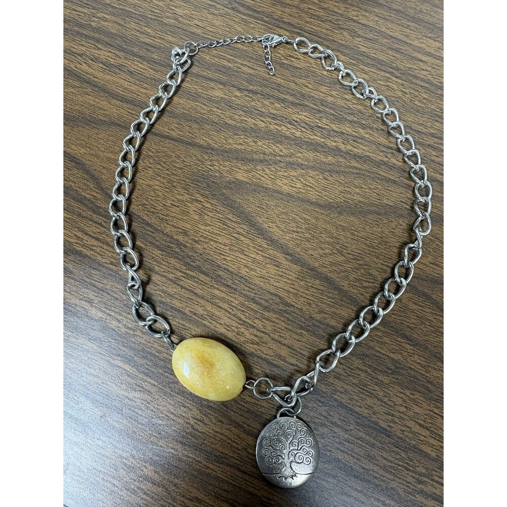 Boho Tree of Life Necklace w/ Yellow Stone Pendant – Silver Tone Statement